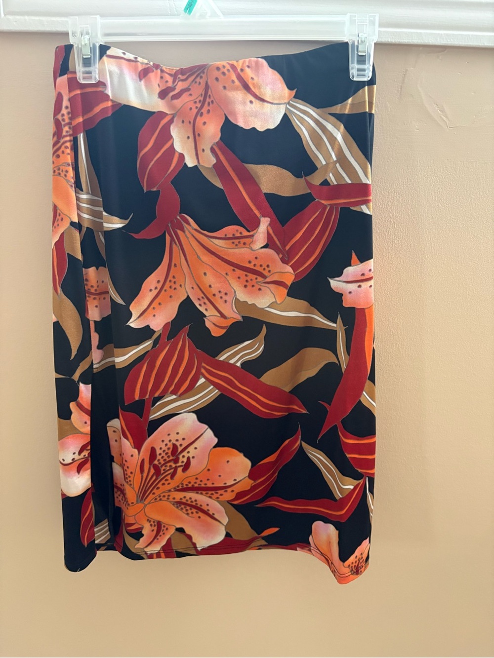 Black Floral Midi Skirt with Orange & Red Lily Print